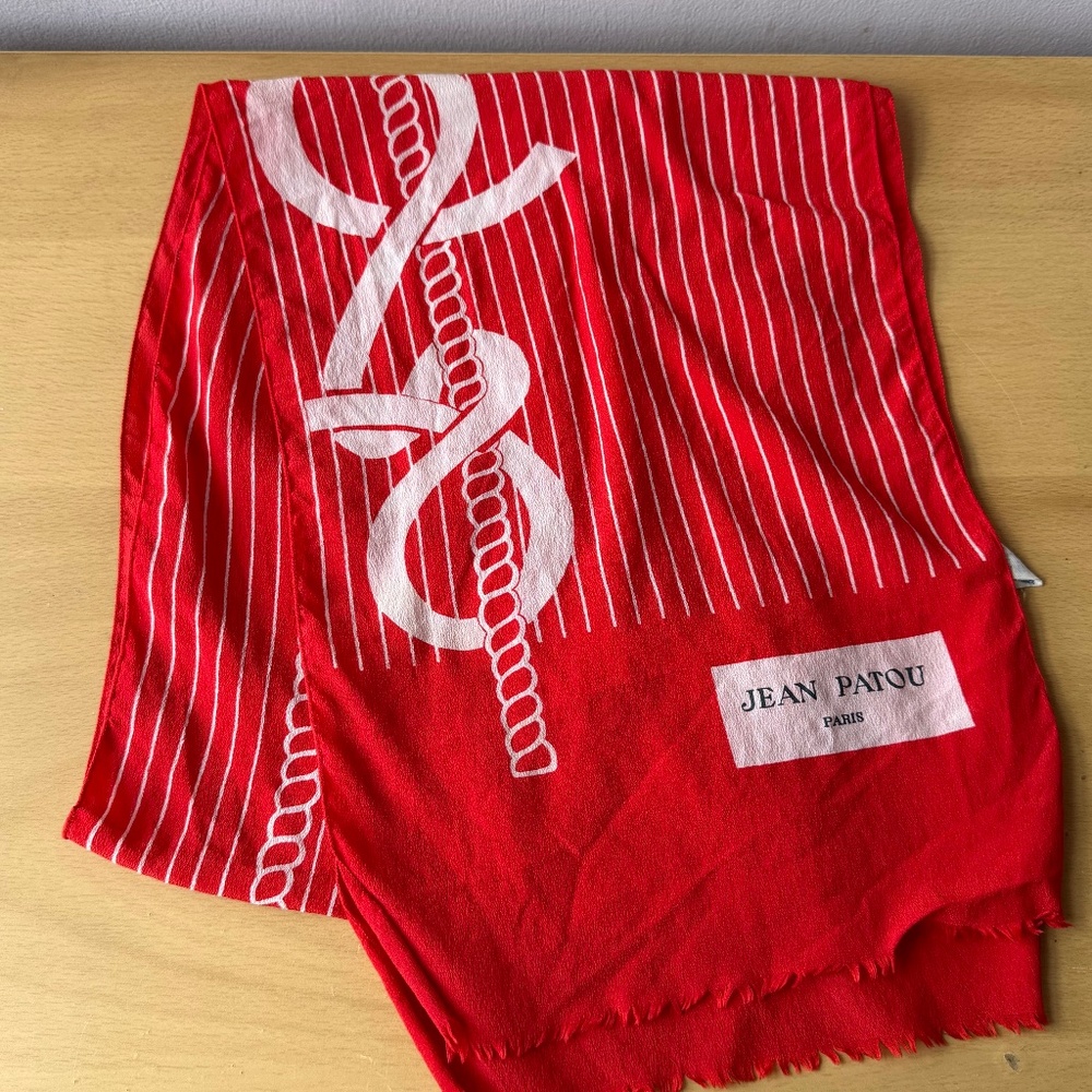 VINTAGE JEAN PATOU RED WHITE NAUTICAL LONG OBLONG 109% SILK SCARF UNIQUE DESIGN
